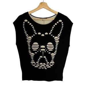 RVN Black & Tan Cutout Illusion Ghost Frenchy Short Cap Sleeve Sweater Top